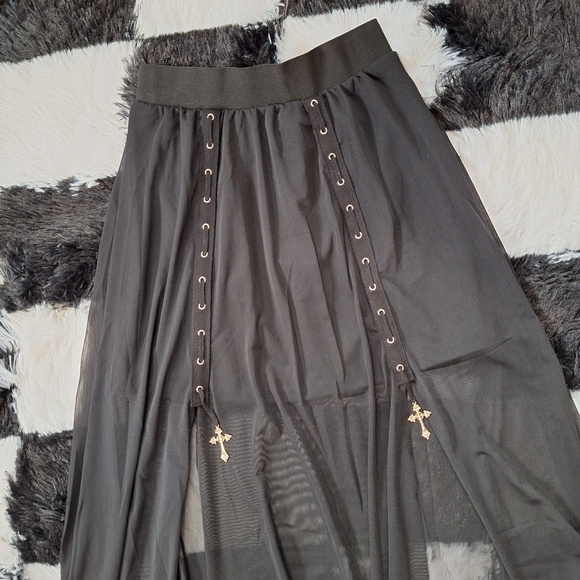 Lace-Up Maxi Skirt Black Sheer with Metal Crosses - Goth Grunge Alt XS/S - Picture 3 of 7